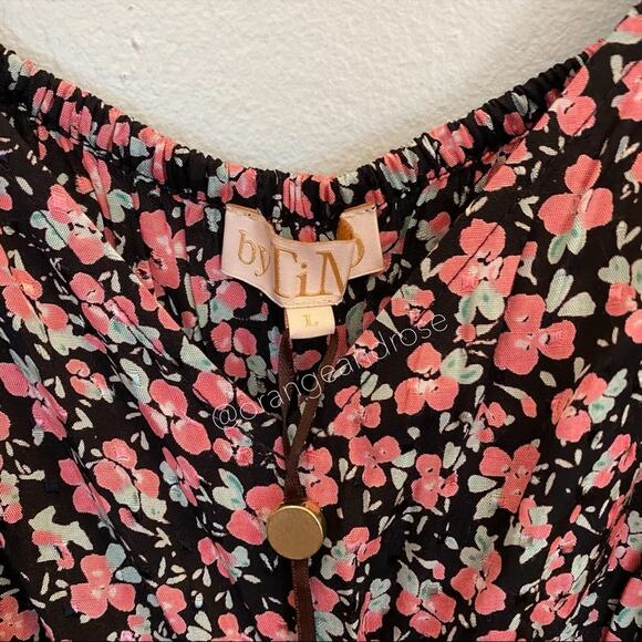 NWT byTiMo Black Pink Viscose Floral Puff Long Sleeve Mini Dress Ditsy Large L - Picture 3 of 14